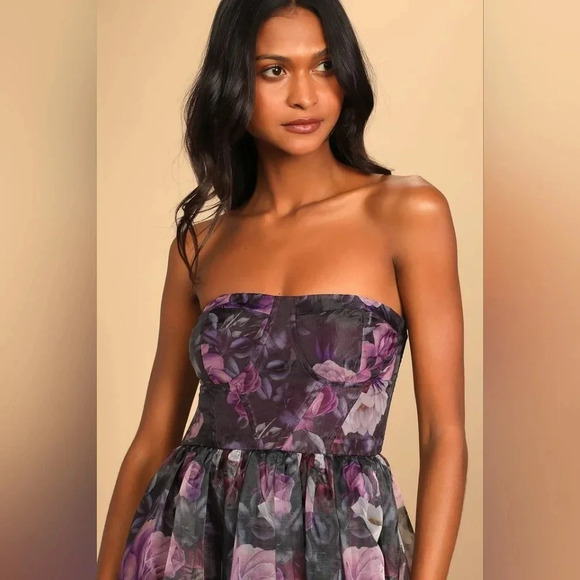 Lulus Wonderful Waltz Purple Floral Print Strapless Bustier Maxi Dress Party - Picture 4 of 12